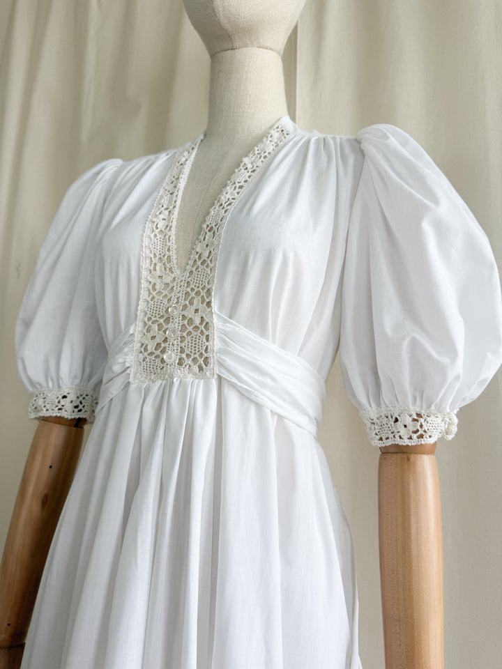 Breathtaking 70s Handmade Soft White Cotton Lace Trimmed Maxi Dress
