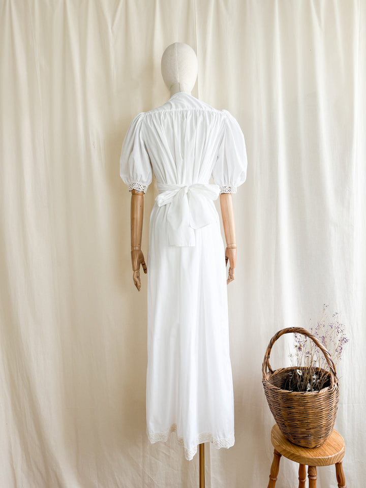 Breathtaking 70s Handmade Soft White Cotton Lace Trimmed Maxi Dress