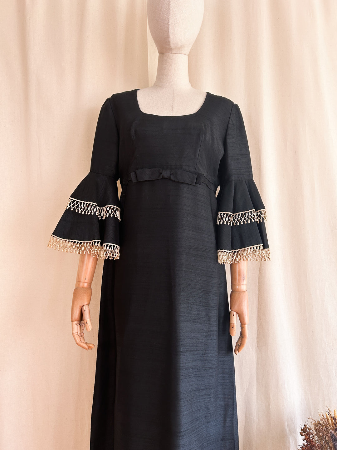 60s flare sleeve dress Chic 1960s Pucci Style Bell Sleeve Olive Print Silk Vintage 60s A Line Dress