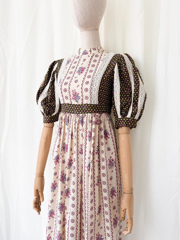 Holy Grail Rare Thea Porter for David Rome Cotton Prairie Puff Sleeve Midaxi Dress