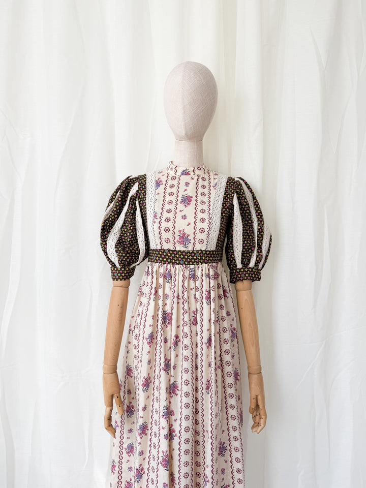 Holy Grail Rare Thea Porter for David Rome Cotton Prairie Puff Sleeve Midaxi Dress