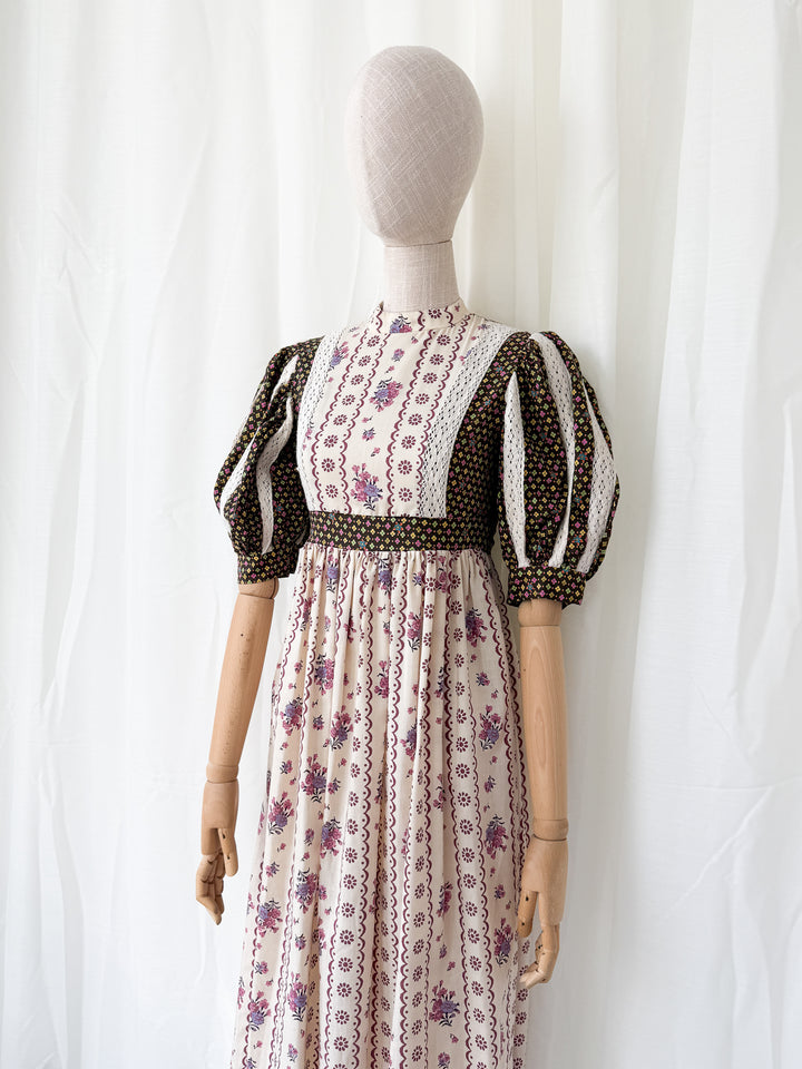 Holy Grail Rare Thea Porter for David Rome Cotton Prairie Puff Sleeve Midaxi Dress