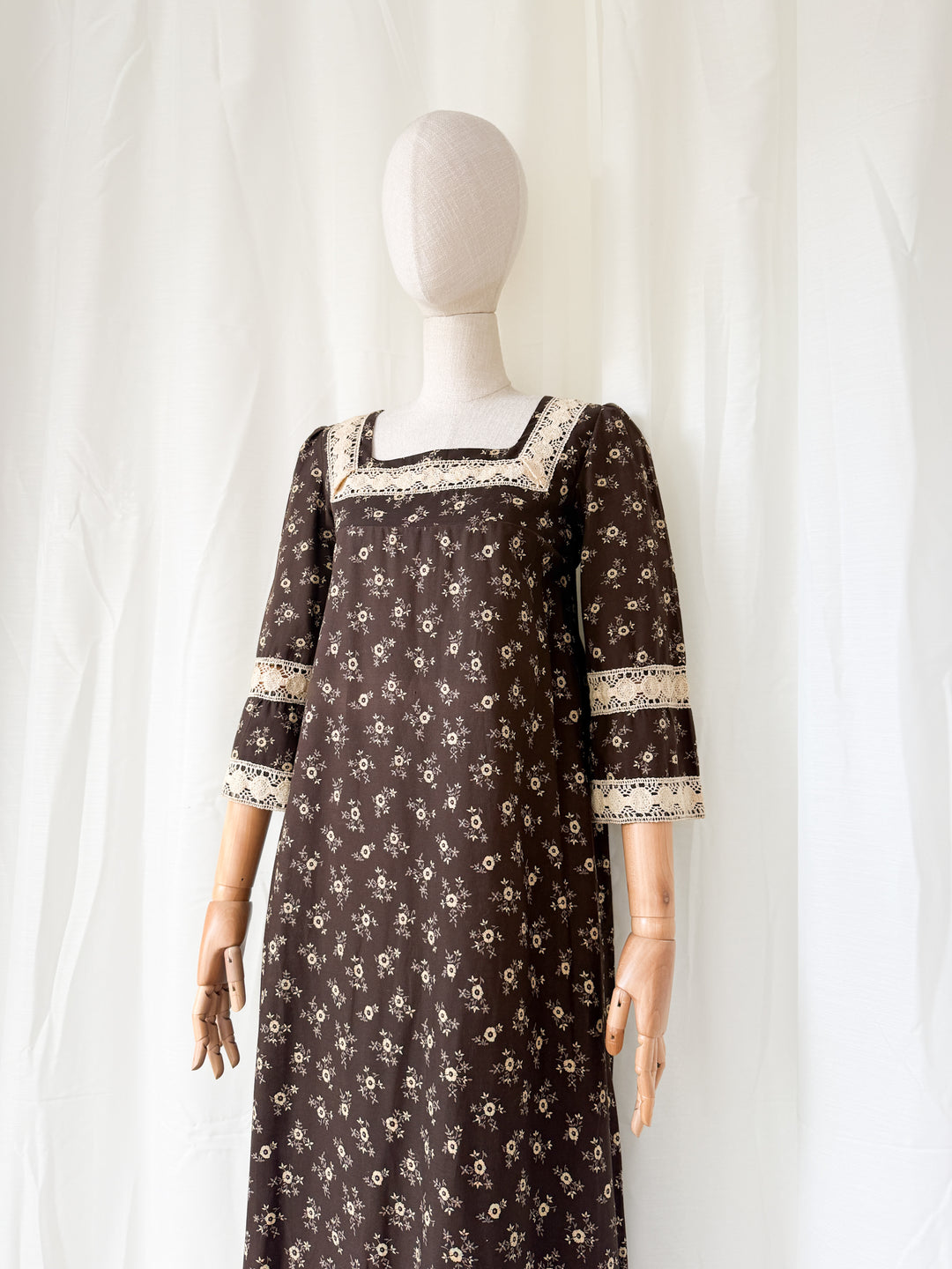 Incredible Beautiful Rare 1970s Lace Trimmed Brown Cotton Maxi Dress by Monet London