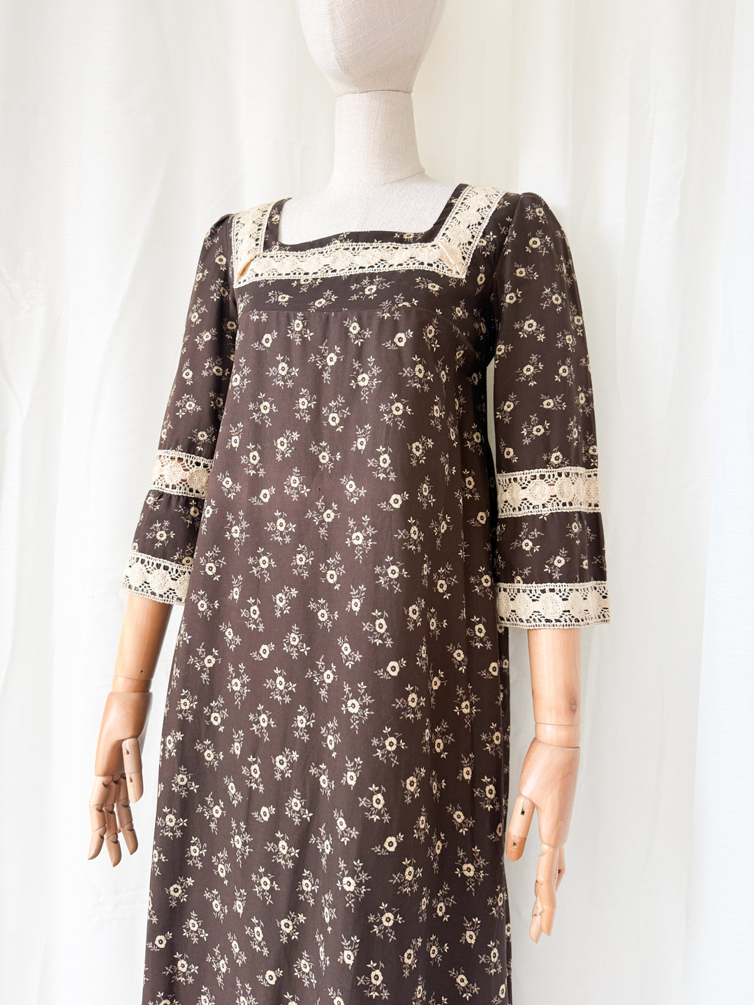Incredible Beautiful Rare 1970s Lace Trimmed Brown Cotton Maxi Dress by Monet London
