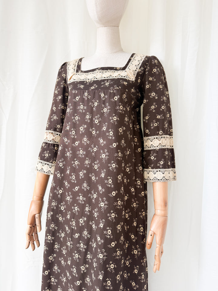 Incredible Beautiful Rare 1970s Lace Trimmed Brown Cotton Maxi Dress by Monet London