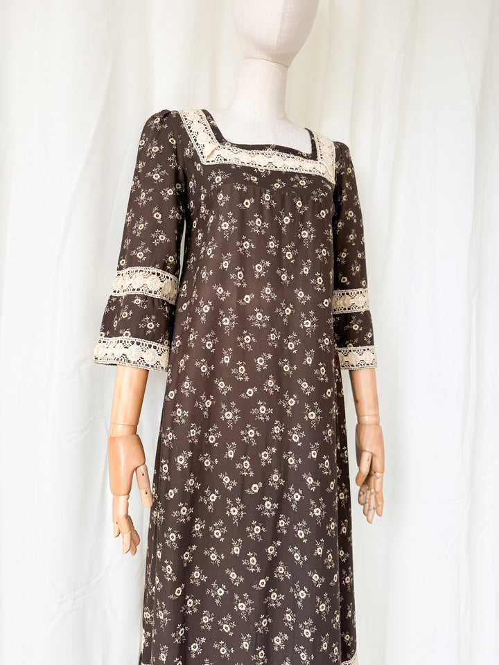 Incredible Beautiful Rare 1970s Lace Trimmed Brown Cotton Maxi Dress by Monet London