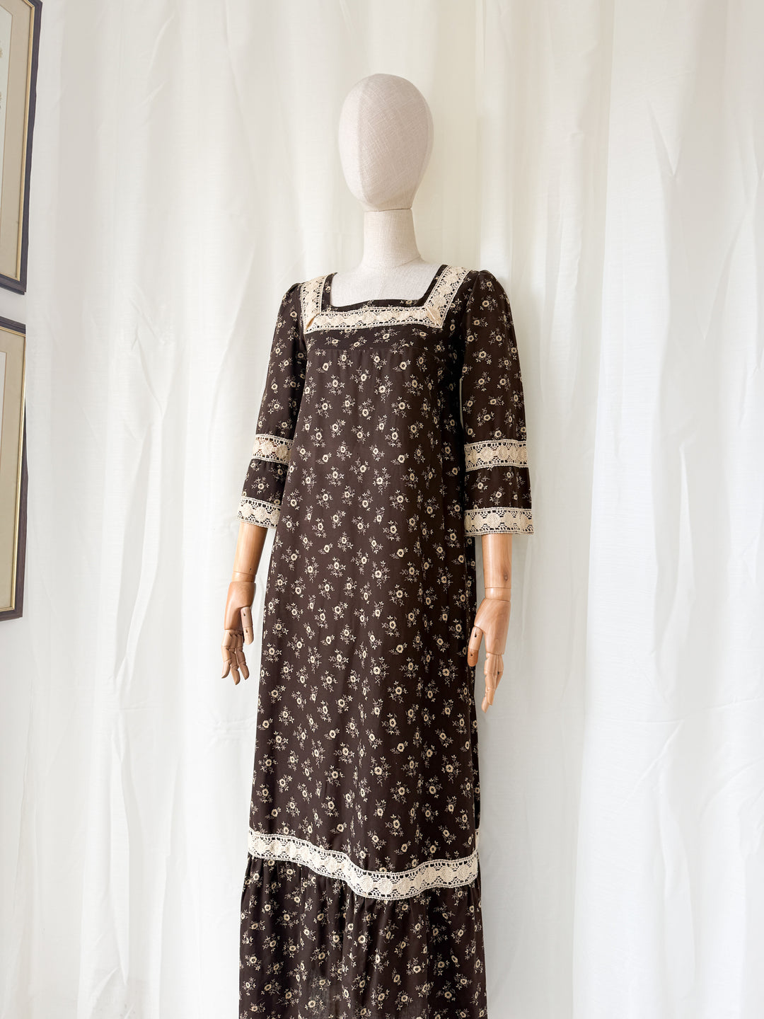 Incredible Beautiful Rare 1970s Lace Trimmed Brown Cotton Maxi Dress by Monet London