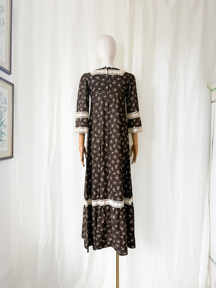 Incredible Beautiful Rare 1970s Lace Trimmed Brown Cotton Maxi Dress by Monet London