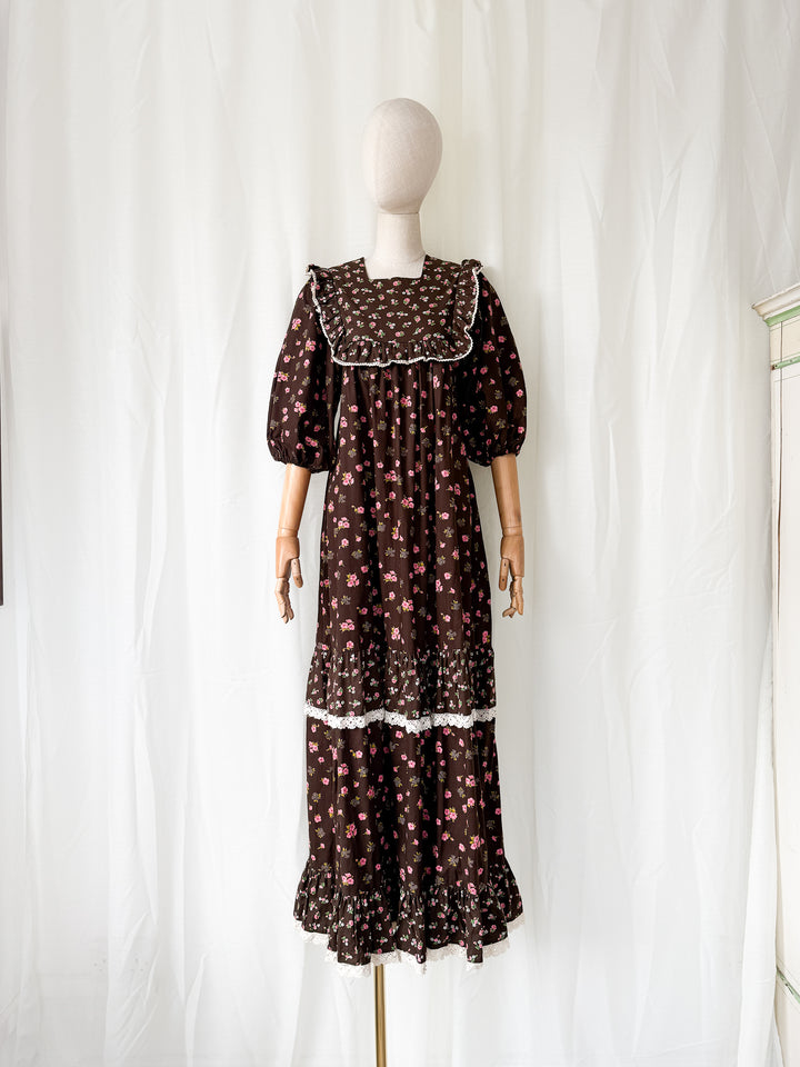 Divine Rare 1970s Brown Cotton Smock Maxi Dress by Monet London