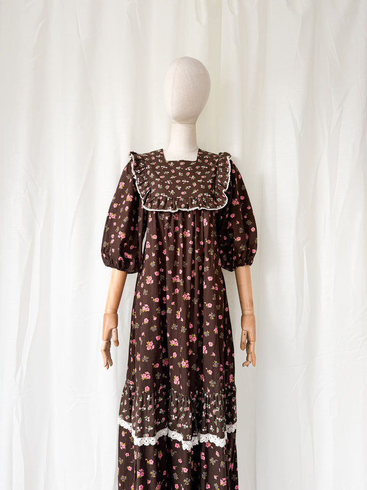Divine Rare 1970s Brown Cotton Smock Maxi Dress by Monet London