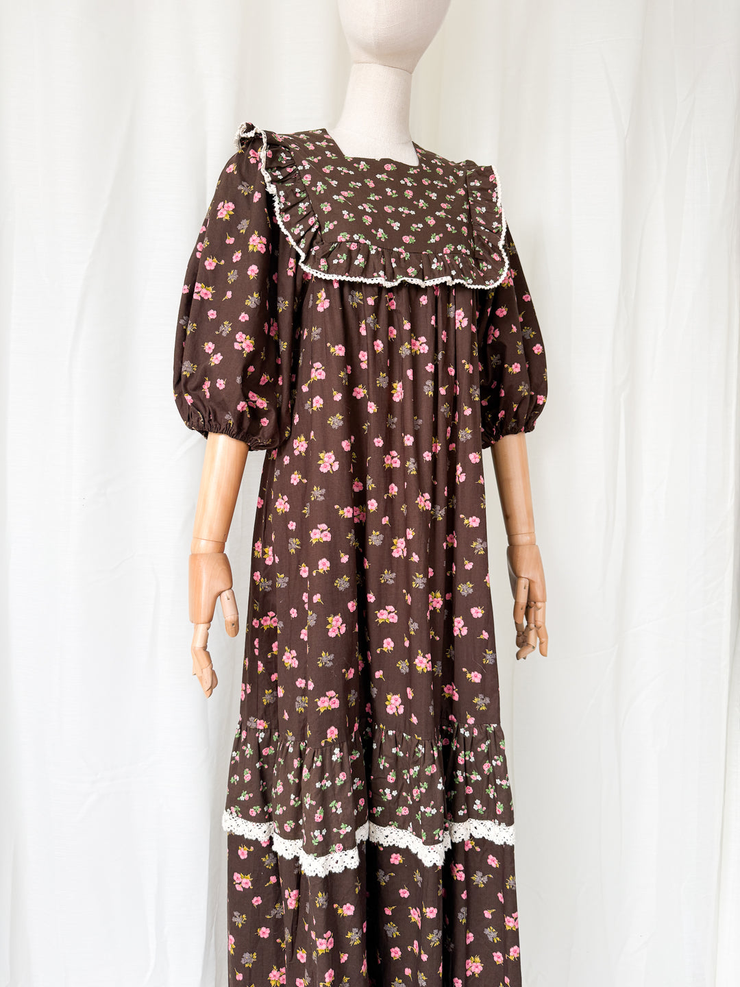 Divine Rare 1970s Brown Cotton Smock Maxi Dress by Monet London