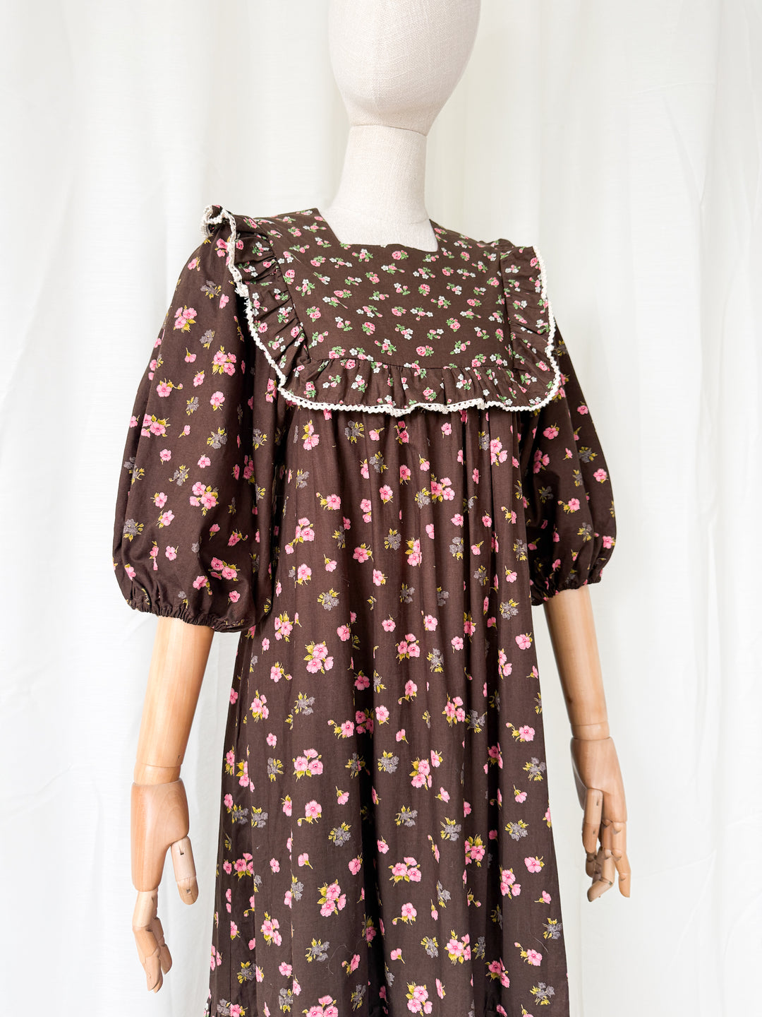 Divine Rare 1970s Brown Cotton Smock Maxi Dress by Monet London