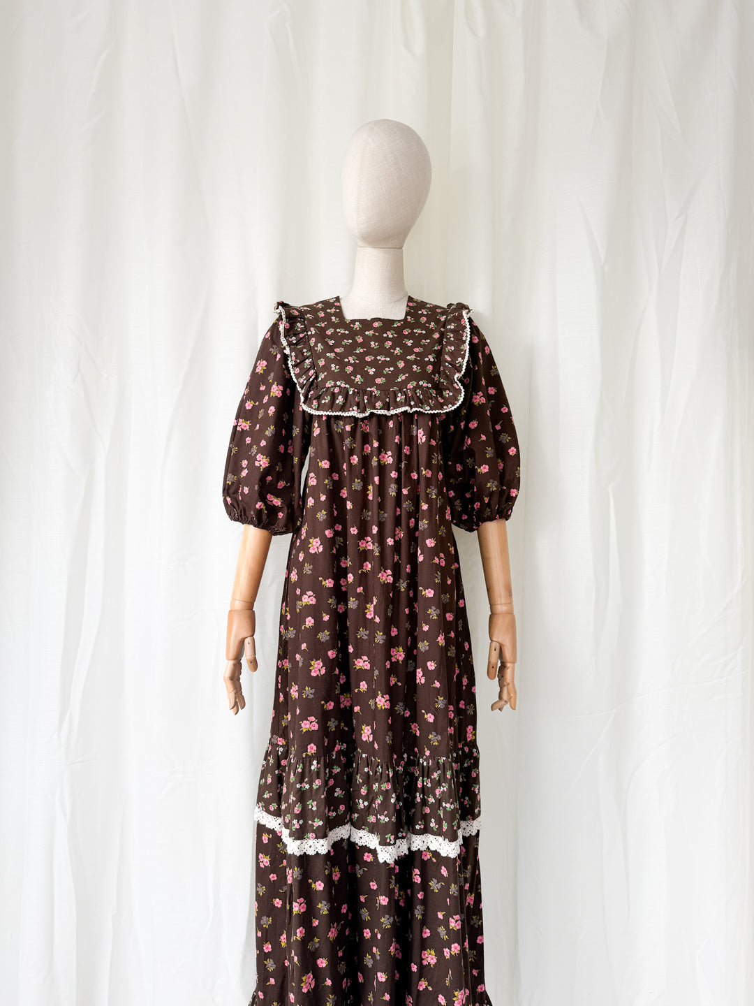 Divine Rare 1970s Brown Cotton Smock Maxi Dress by Monet London
