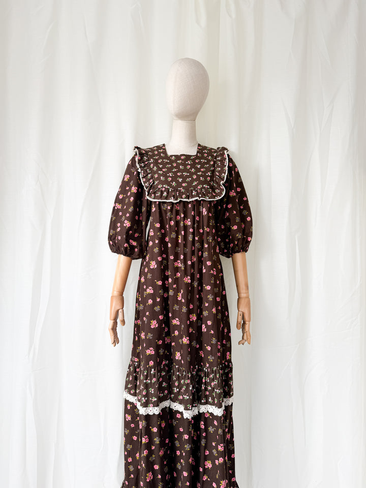 Divine Rare 1970s Brown Cotton Smock Maxi Dress by Monet London