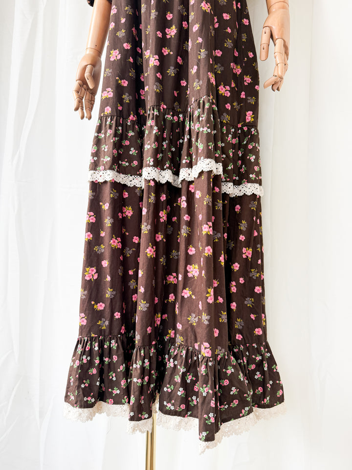 Divine Rare 1970s Brown Cotton Smock Maxi Dress by Monet London
