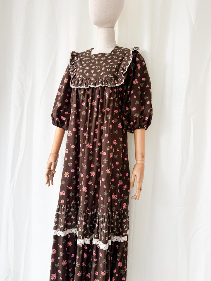 Divine Rare 1970s Brown Cotton Smock Maxi Dress by Monet London
