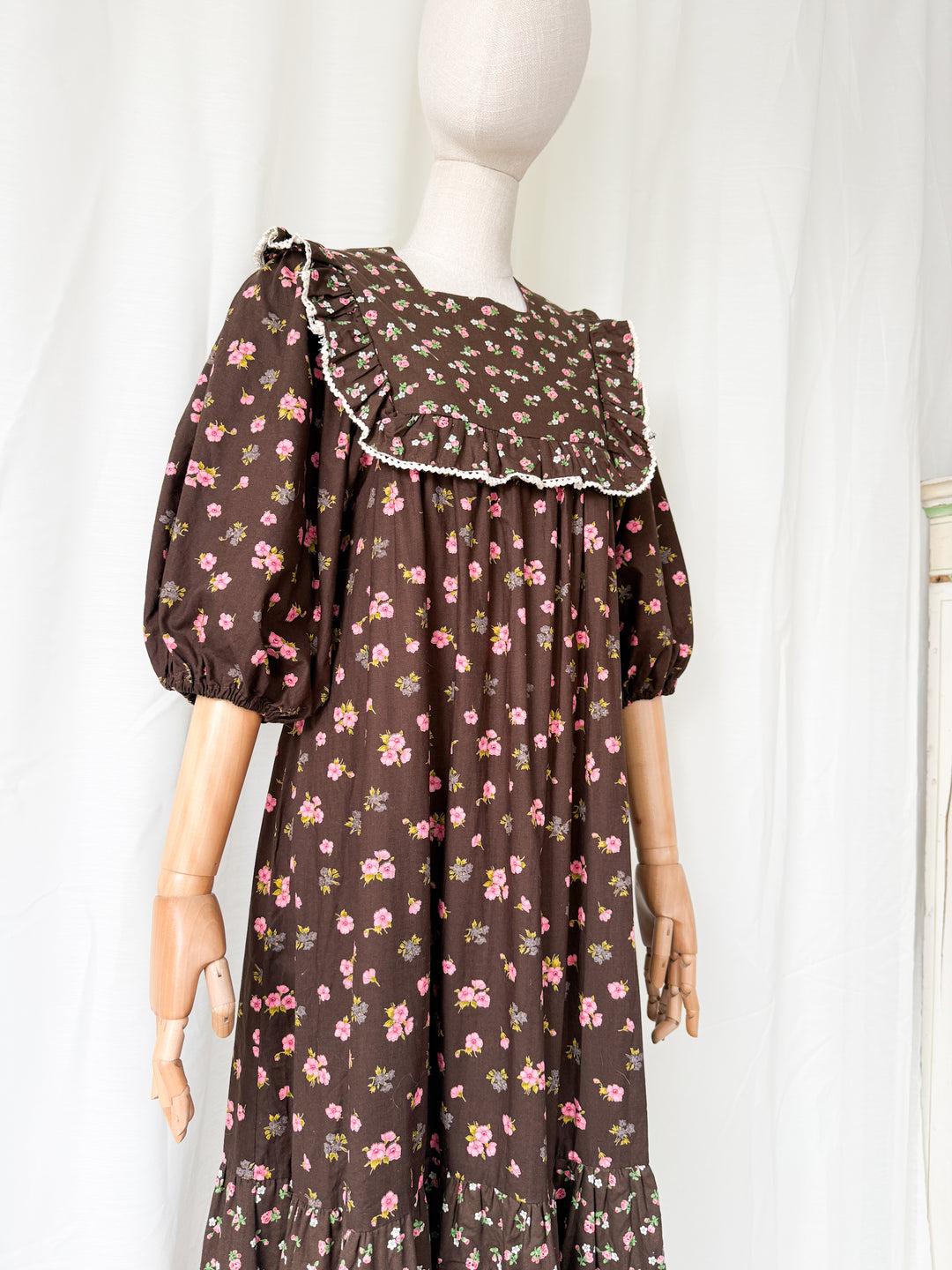 Divine Rare 1970s Brown Cotton Smock Maxi Dress by Monet London