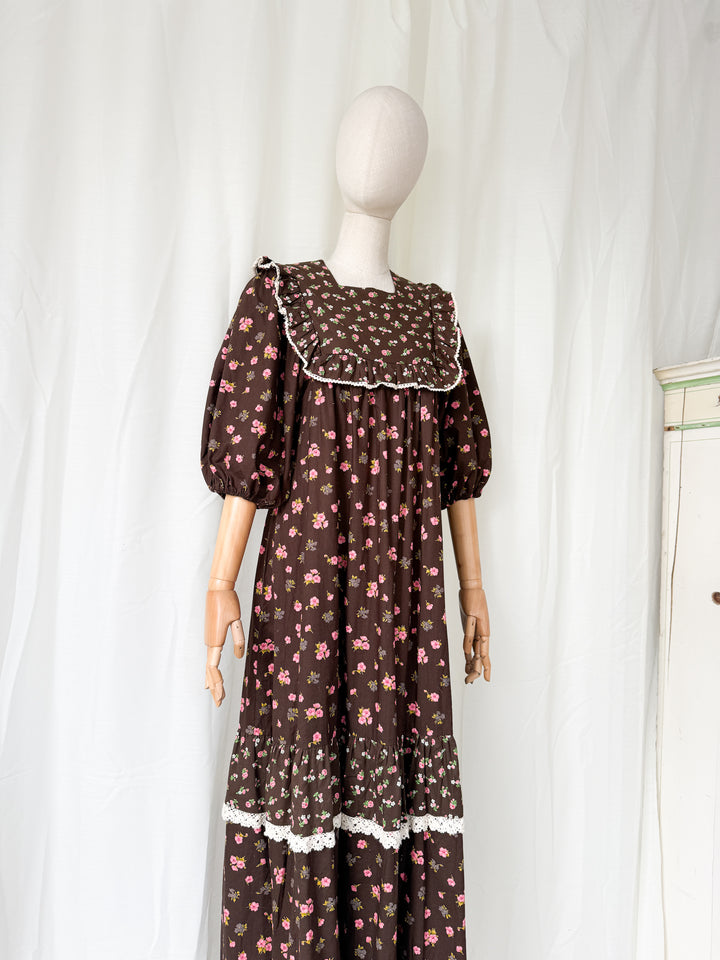 Divine Rare 1970s Brown Cotton Smock Maxi Dress by Monet London