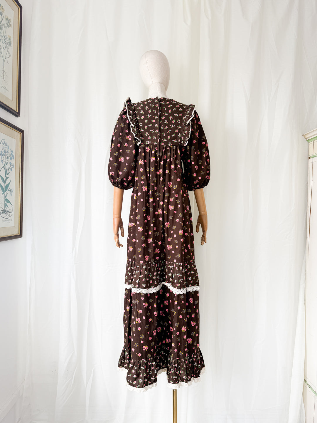 Divine Rare 1970s Brown Cotton Smock Maxi Dress by Monet London