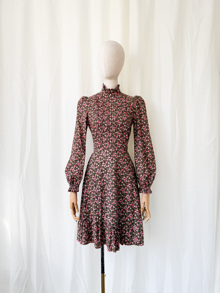 Gorgeous Rare 1970s Brown Floral Cotton Mini Dress by Earlybird