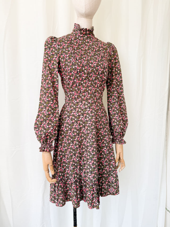 Gorgeous Rare 1970s Brown Floral Cotton Mini Dress by Earlybird