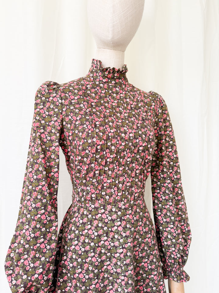 Gorgeous Rare 1970s Brown Floral Cotton Mini Dress by Earlybird