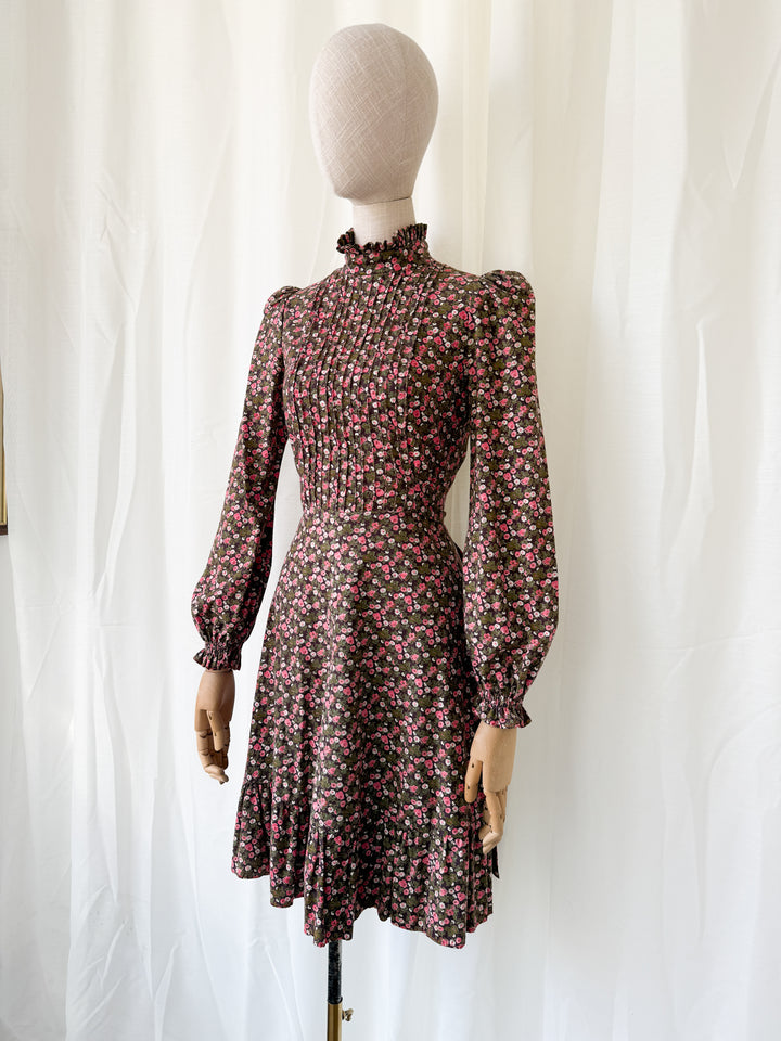 Gorgeous Rare 1970s Brown Floral Cotton Mini Dress by Earlybird
