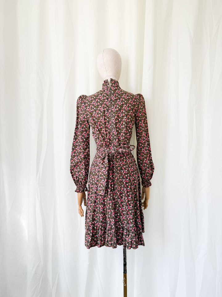 Gorgeous Rare 1970s Brown Floral Cotton Mini Dress by Earlybird