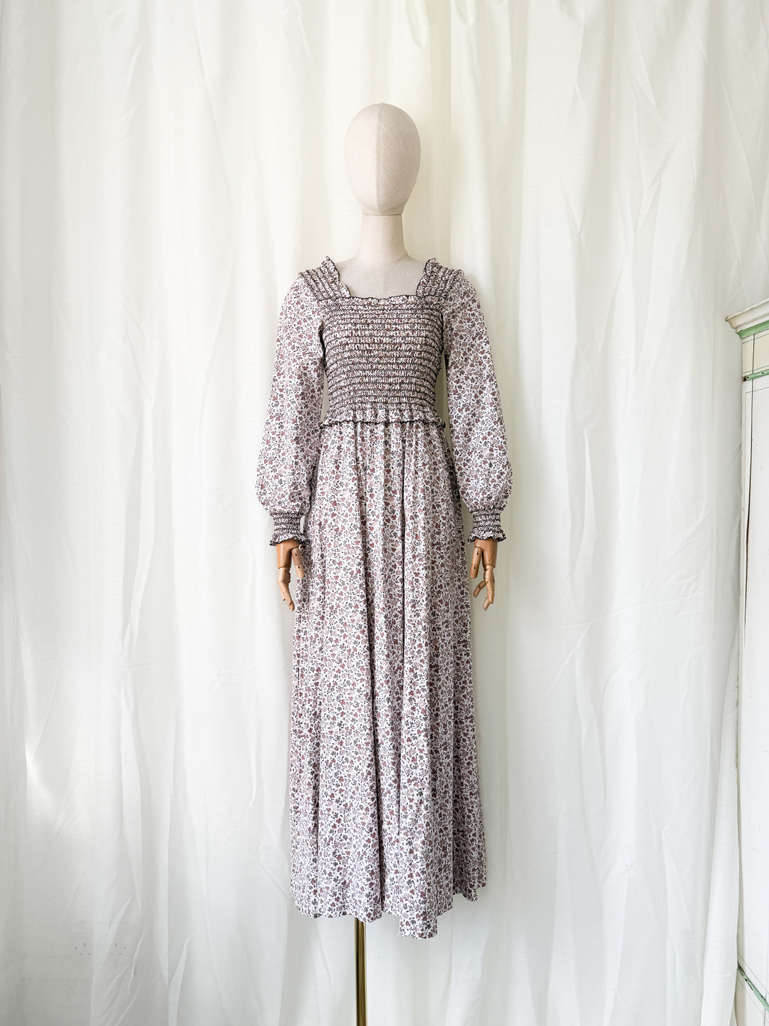 Dreamy Rare 1970s Travers Tempos Smocked Bodice Cotton Maxi Dress