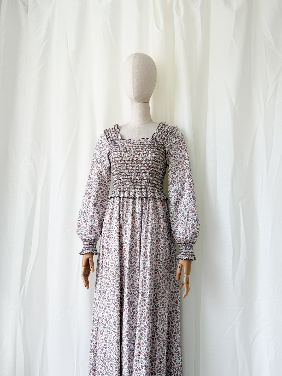 Dreamy Rare 1970s Travers Tempos Smocked Bodice Cotton Maxi Dress