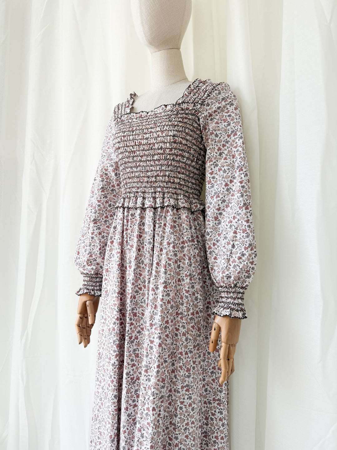 Dreamy Rare 1970s Travers Tempos Smocked Bodice Cotton Maxi Dress