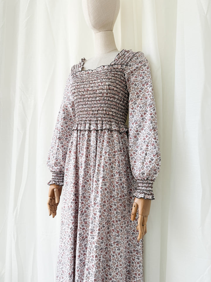 Dreamy Rare 1970s Travers Tempos Smocked Bodice Cotton Maxi Dress