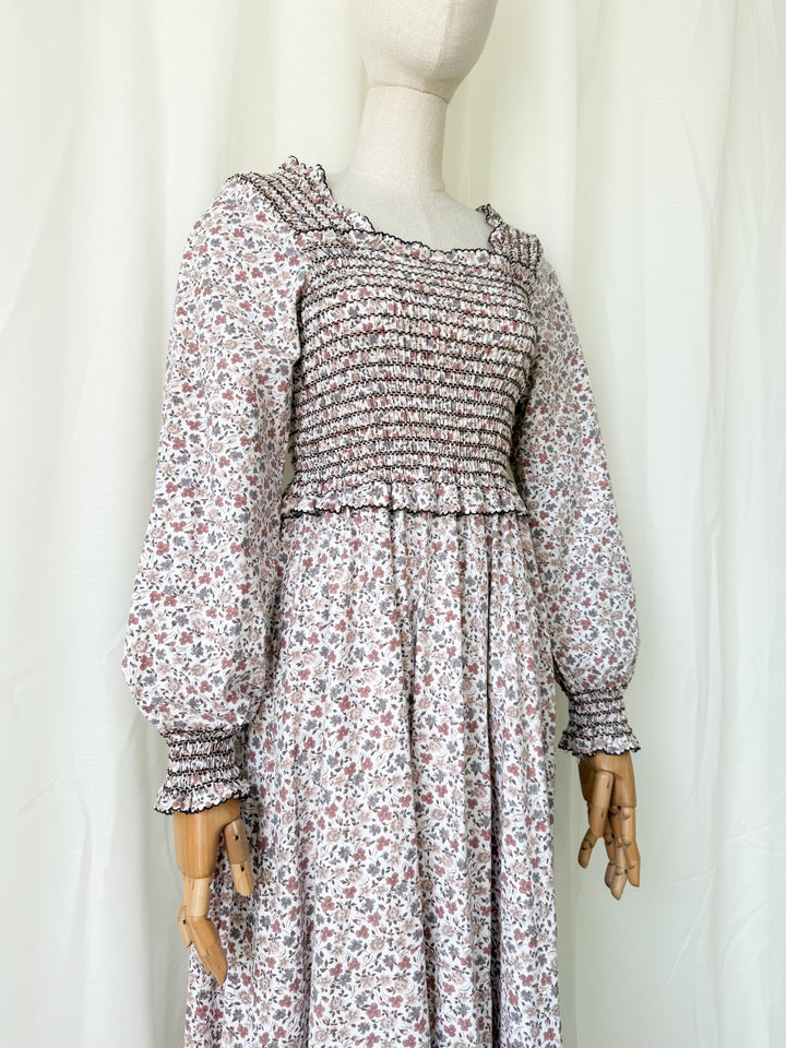 Dreamy Rare 1970s Travers Tempos Smocked Bodice Cotton Maxi Dress
