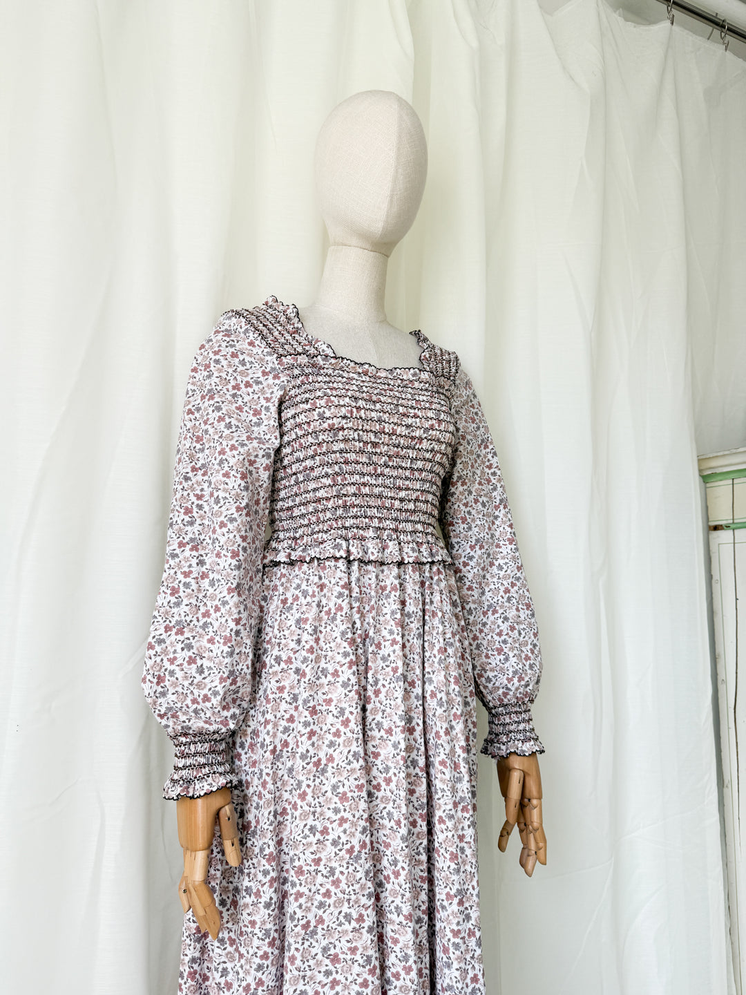 Dreamy Rare 1970s Travers Tempos Smocked Bodice Cotton Maxi Dress