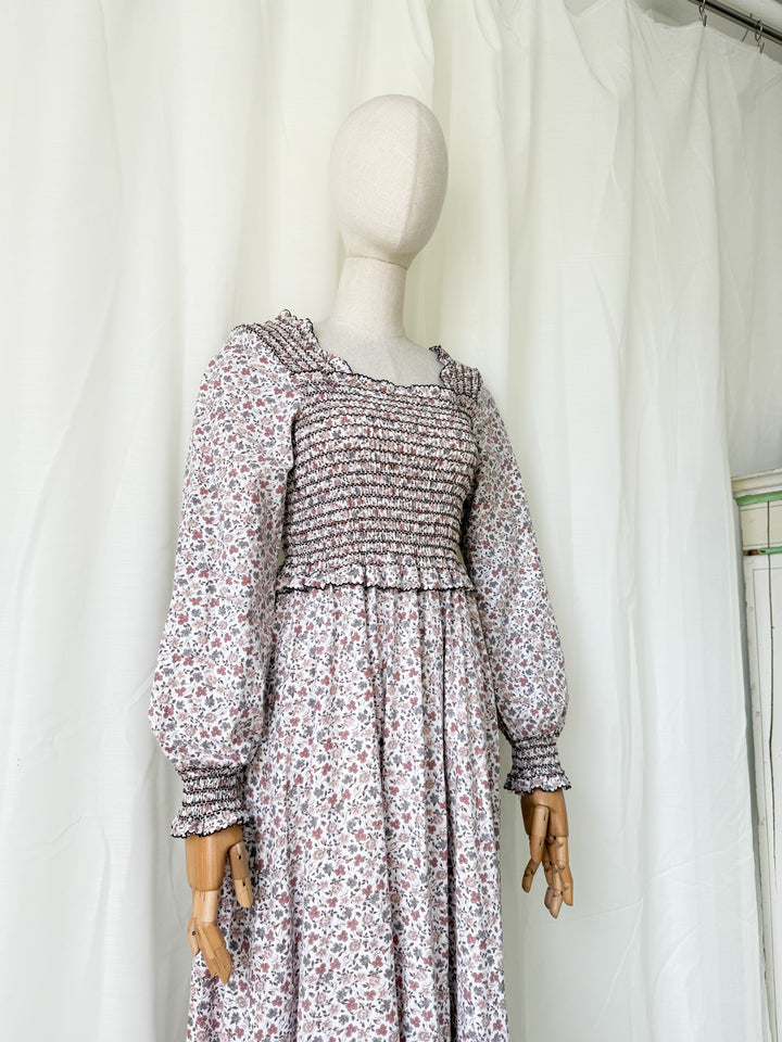 Dreamy Rare 1970s Travers Tempos Smocked Bodice Cotton Maxi Dress
