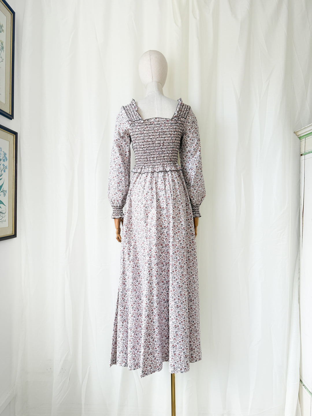 Dreamy Rare 1970s Travers Tempos Smocked Bodice Cotton Maxi Dress