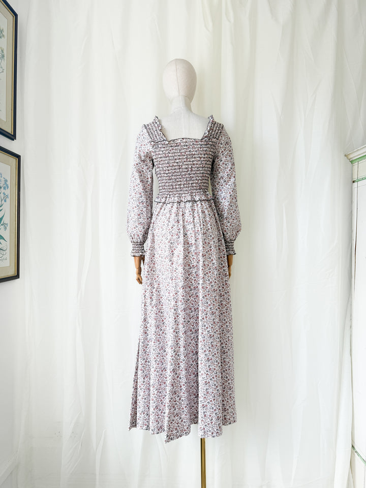 Dreamy Rare 1970s Travers Tempos Smocked Bodice Cotton Maxi Dress