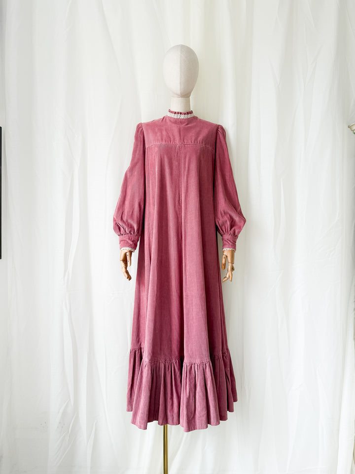 Insane Rare 1970s Pink Heavy Corduroy Cotton Maxi Dress