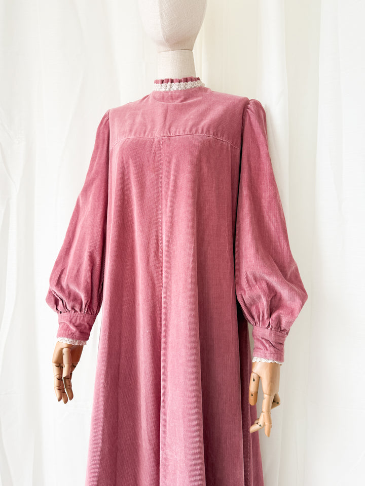 Insane Rare 1970s Pink Heavy Corduroy Cotton Maxi Dress