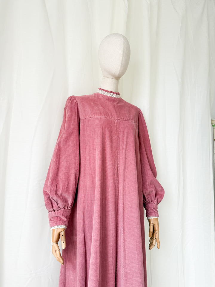 Insane Rare 1970s Pink Heavy Corduroy Cotton Maxi Dress