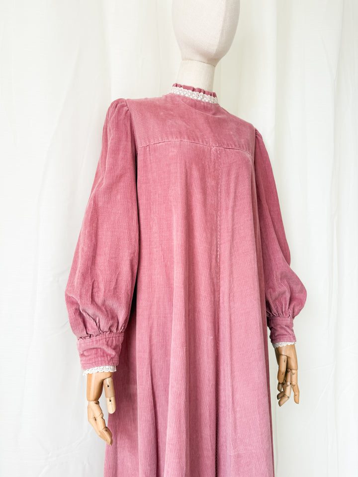 Insane Rare 1970s Pink Heavy Corduroy Cotton Maxi Dress