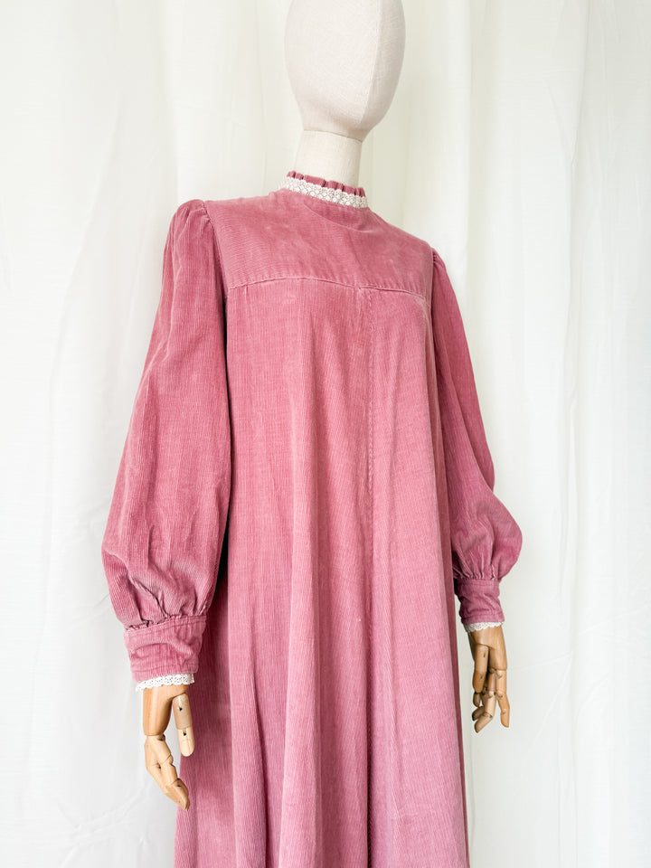 Insane Rare 1970s Pink Heavy Corduroy Cotton Maxi Dress