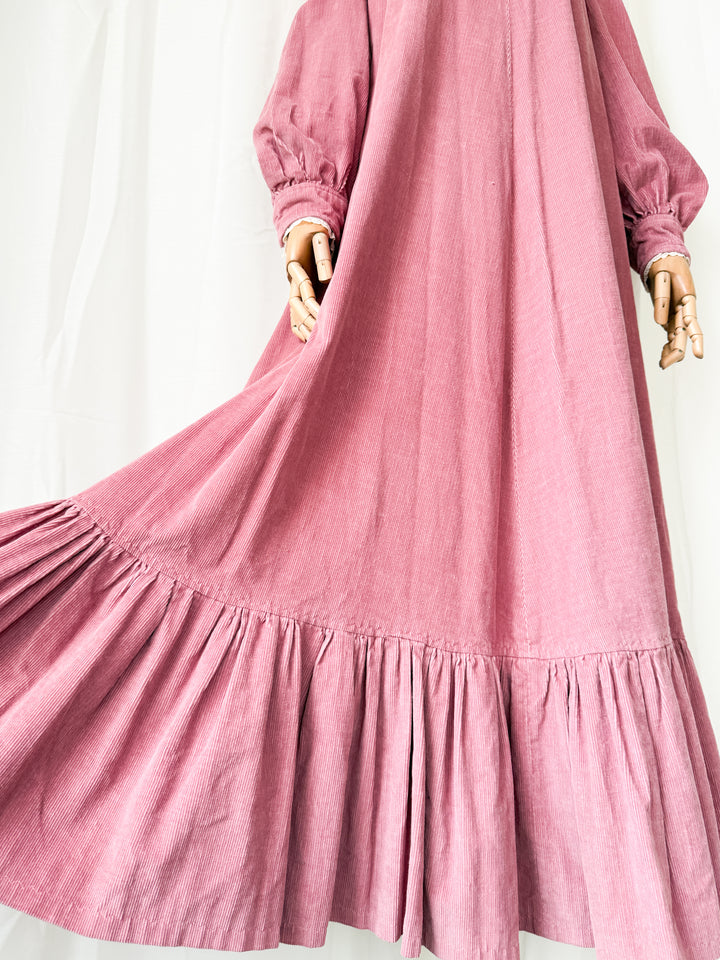 Insane Rare 1970s Pink Heavy Corduroy Cotton Maxi Dress