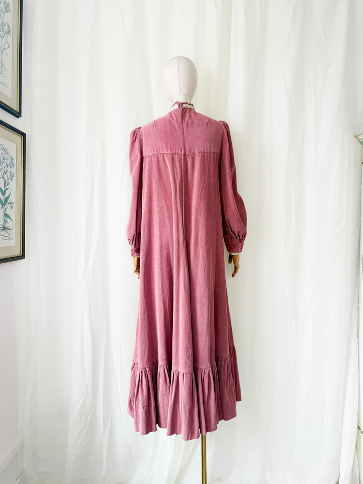 Insane Rare 1970s Pink Heavy Corduroy Cotton Maxi Dress