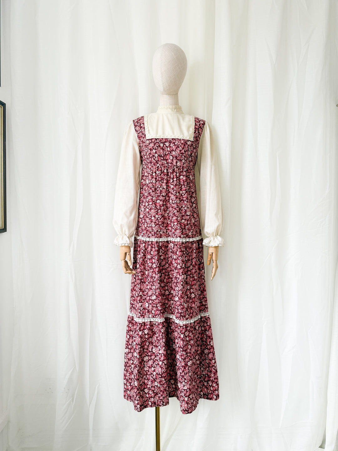 Adorable 1970s St Michaels Floral Cotton Lace Trimmed Maxi Dress