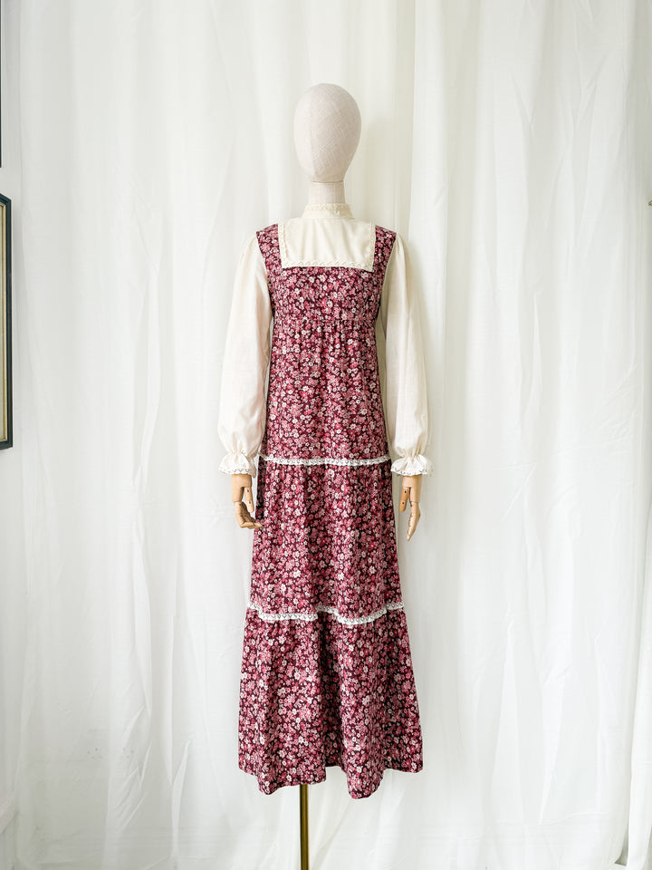 Adorable 1970s St Michaels Floral Cotton Lace Trimmed Maxi Dress