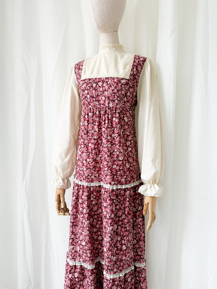 Adorable 1970s St Michaels Floral Cotton Lace Trimmed Maxi Dress