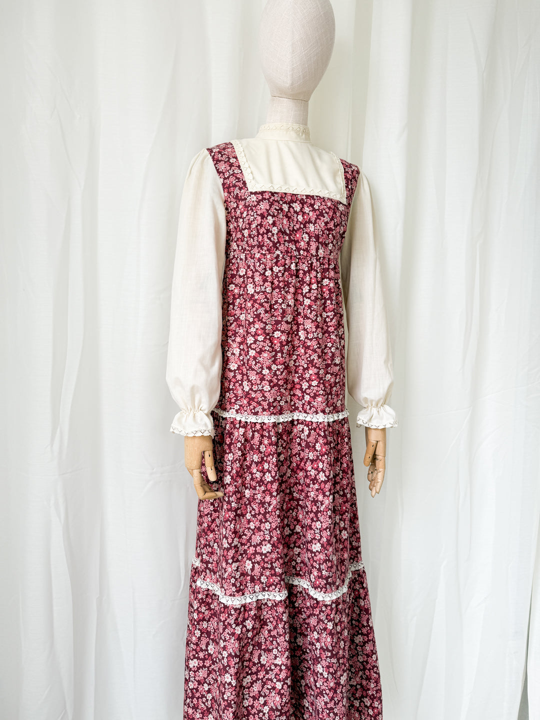 Adorable 1970s St Michaels Floral Cotton Lace Trimmed Maxi Dress