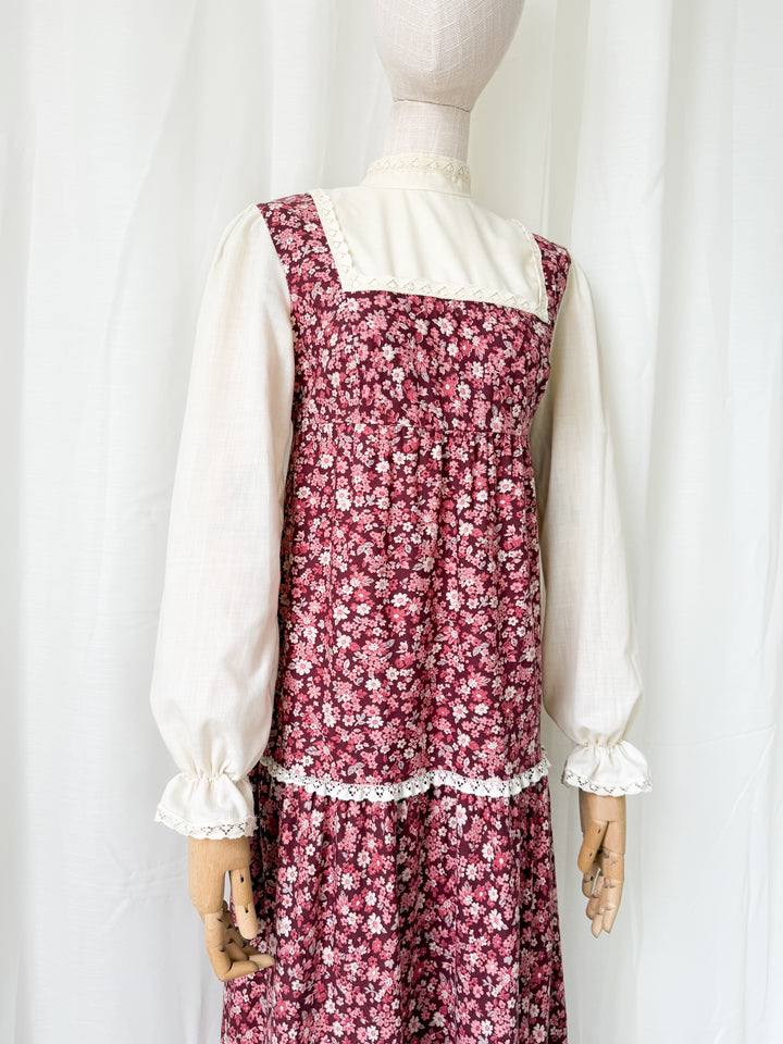 Adorable 1970s St Michaels Floral Cotton Lace Trimmed Maxi Dress