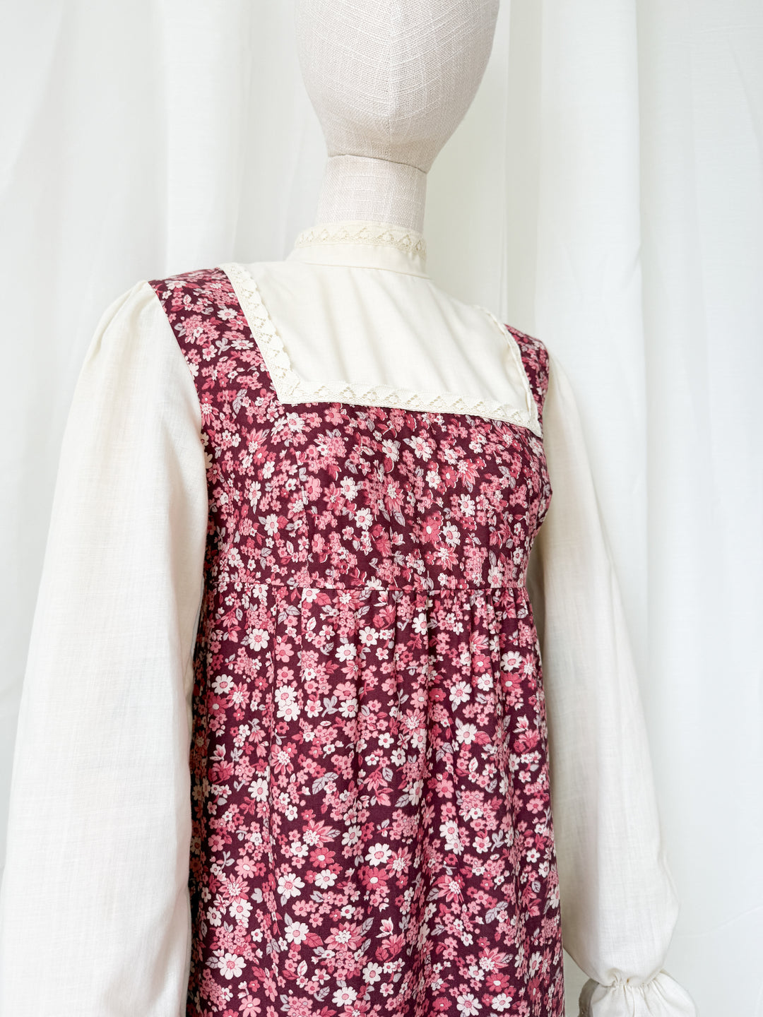 Adorable 1970s St Michaels Floral Cotton Lace Trimmed Maxi Dress
